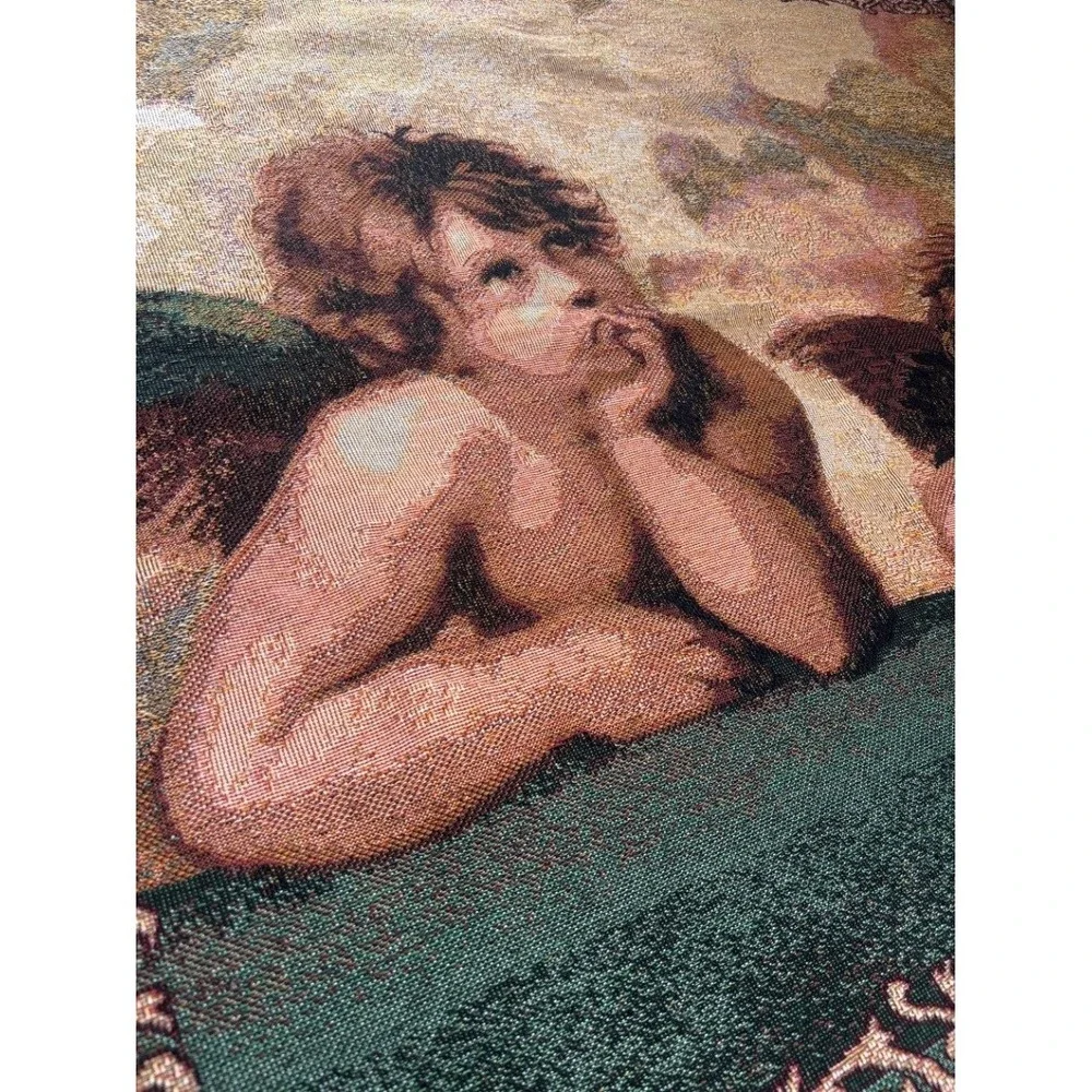 Vintage Raphael Cherub Woven Tapestry Throw Blanket Multicolor Fringed EUC
